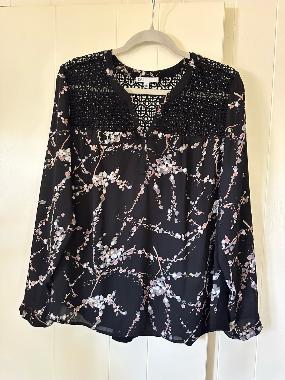 DR2 Black Floral Crochet Yoke Long-Sleeve Blouse with Pink Accents